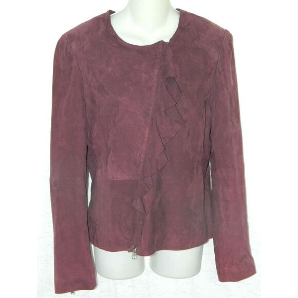Saks‎ Fifth Avenue Jacket Size 8 Burgundy Suede Moto Ruffle - Picture 1 of 8